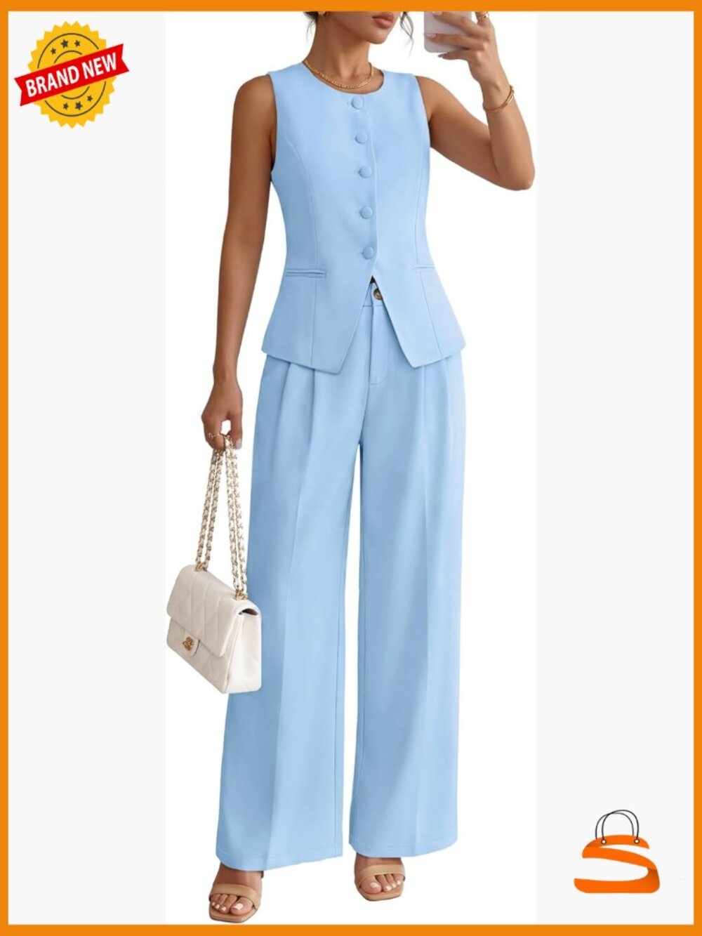 2 Piece Suit Set Sleeveless Blazer Wide Leg Pants Business Casual Work Outfit